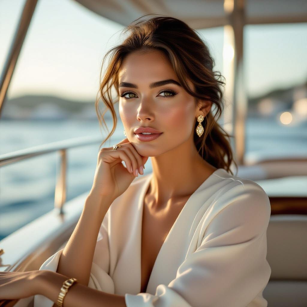 Elegant Woman on Yacht: Cinematic Portrait in Soft Light