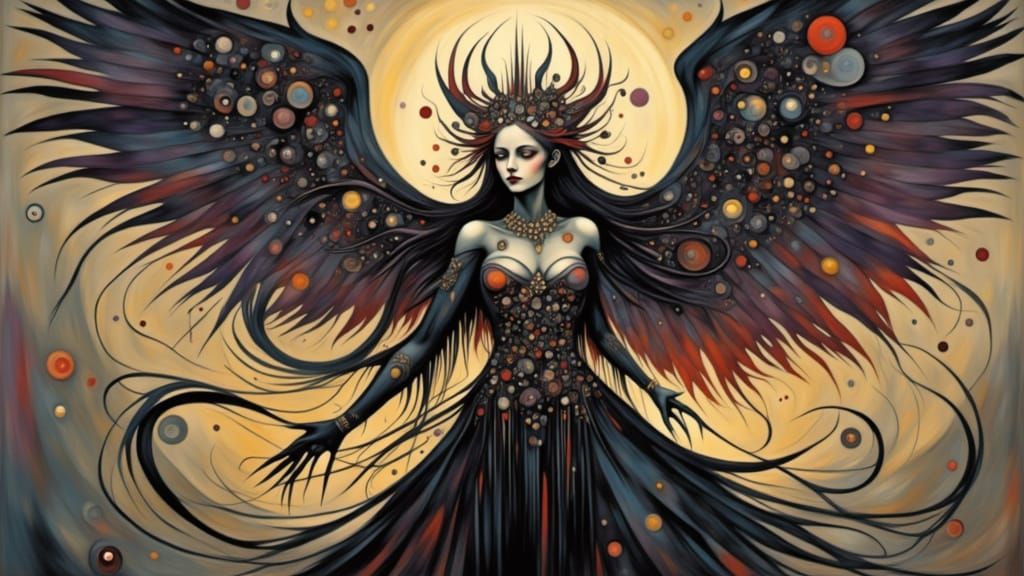 Cosmic Angel and Demon Battle in Tattoo Maximalism Style