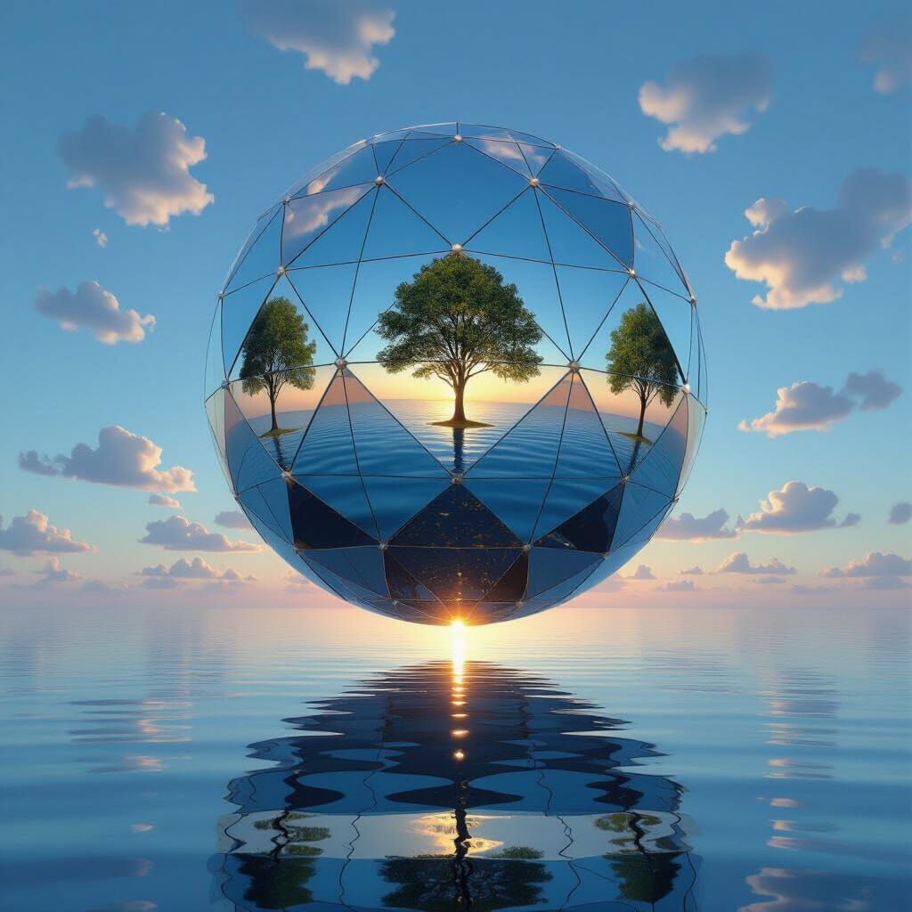 Mirrored Sphere Reflecting Trees Above Calm Sea at Twilight