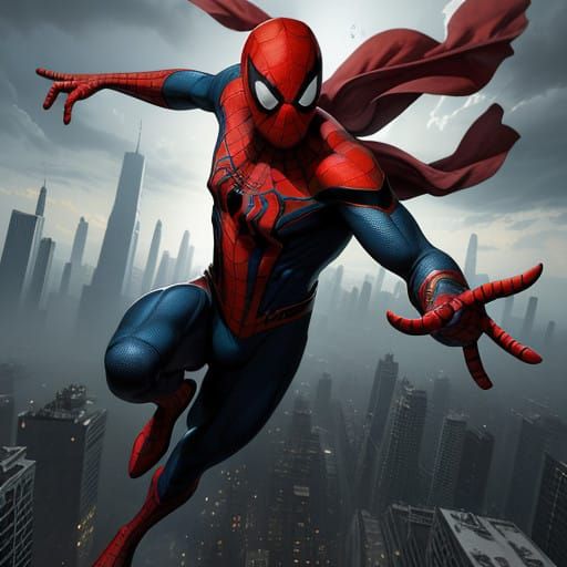 Dynamic Spider-Man in Vibrant Dreamlike Cityscape