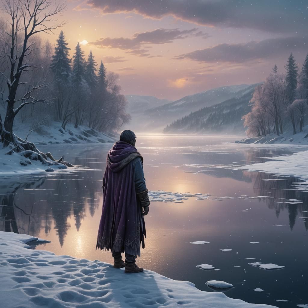 Winter Figure on Frozen Lake in Pencil Sketch