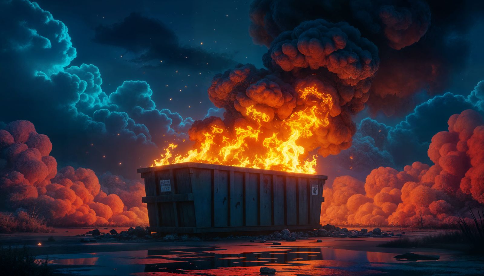 Detailed Dumpster Fire Concept Art in Deep Color
