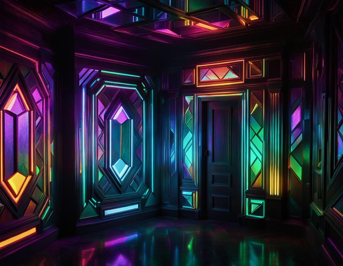 Cubist Retrofuturistic Wall Panel in Art Deco Neon