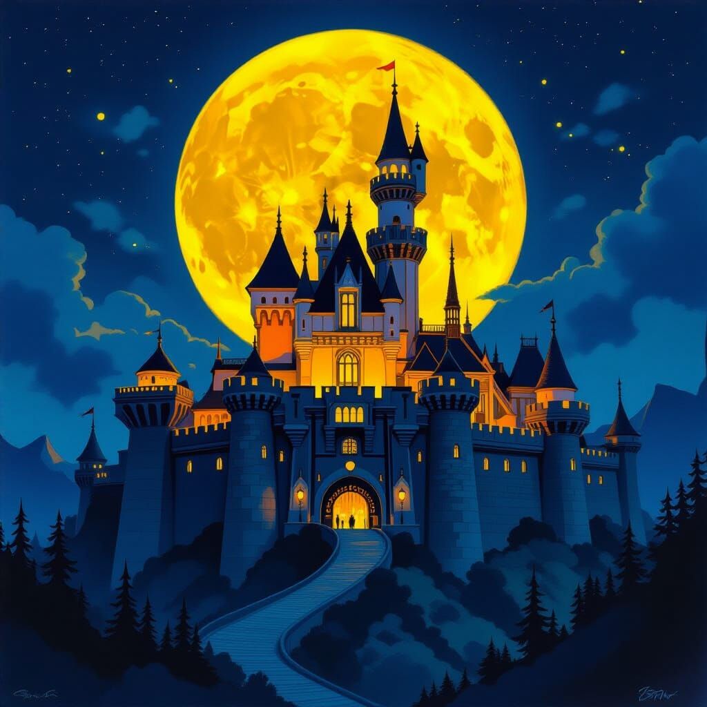 Colossal Castle Under Supermoon: Neo-Expressionist Matte Pai...