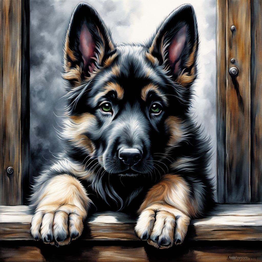 German Shepherd Puppy in Moonlight, Textured Pencil Style