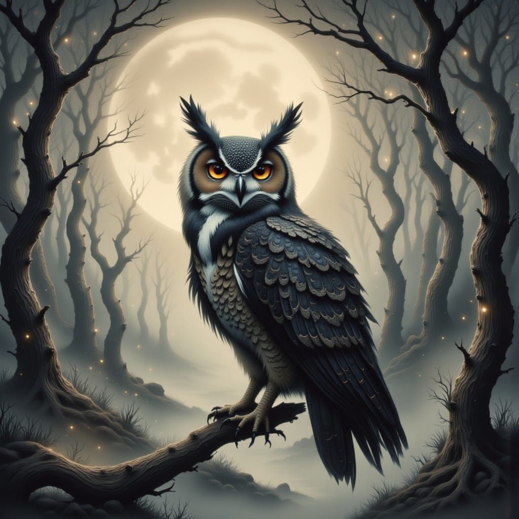 Majestic Owl in Dreamlike Forest, Sumi-e Surrealism Style