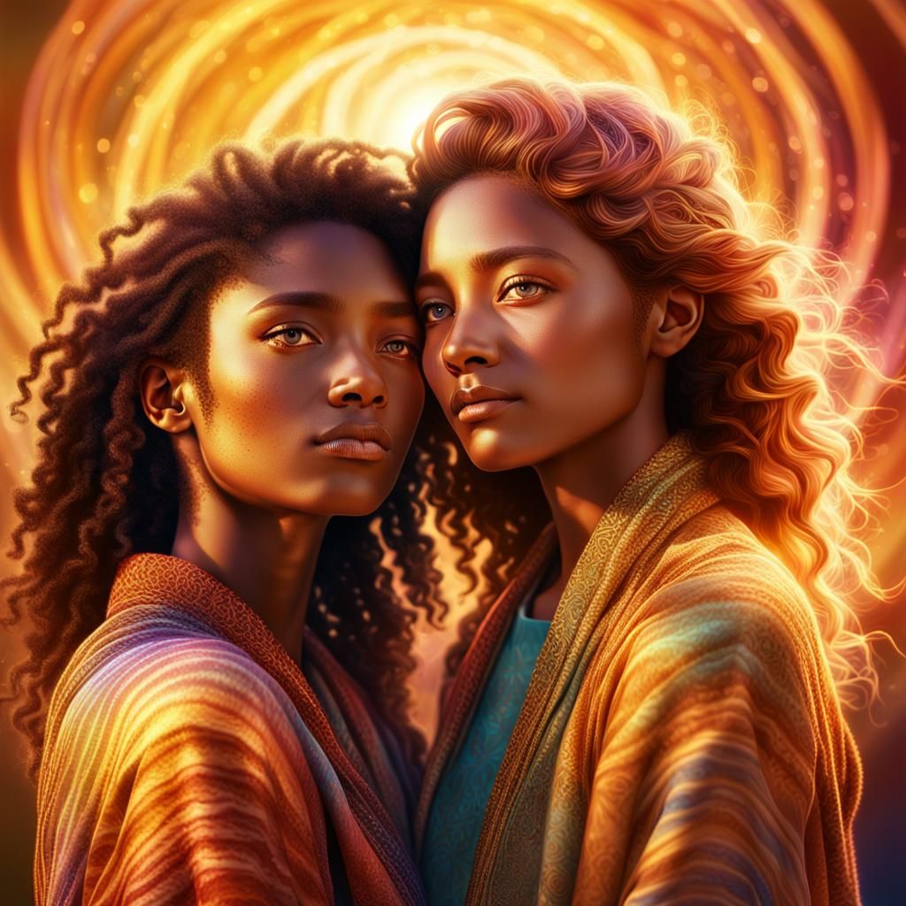 Friends Embracing in Golden Light, Vivid Digital Art