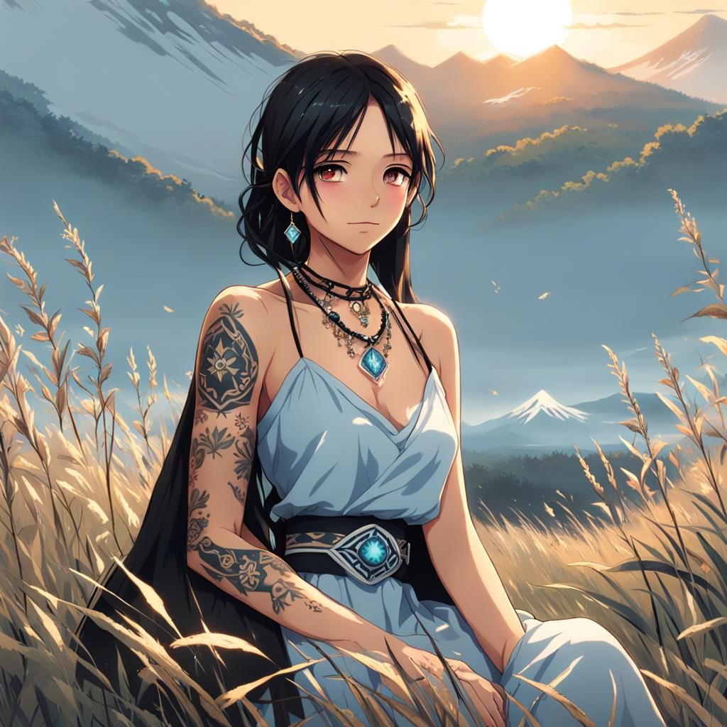 Native American Girl in Meadow, Anime Style