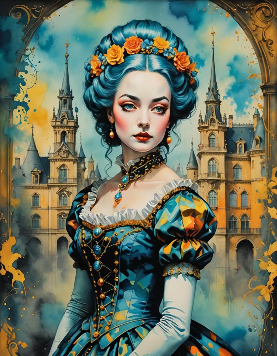 Baroque Harlequin Portrait with Watercolor Ink Splashes