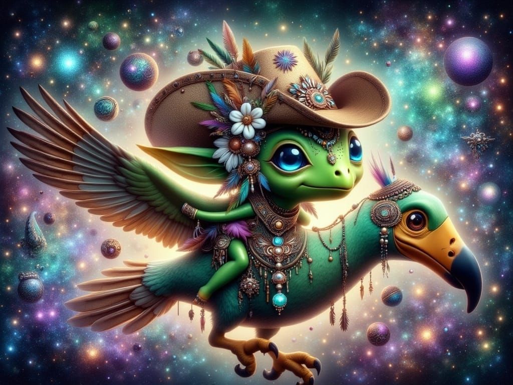 Cosmic Cowboy Green Alien Soars Through the Galaxy