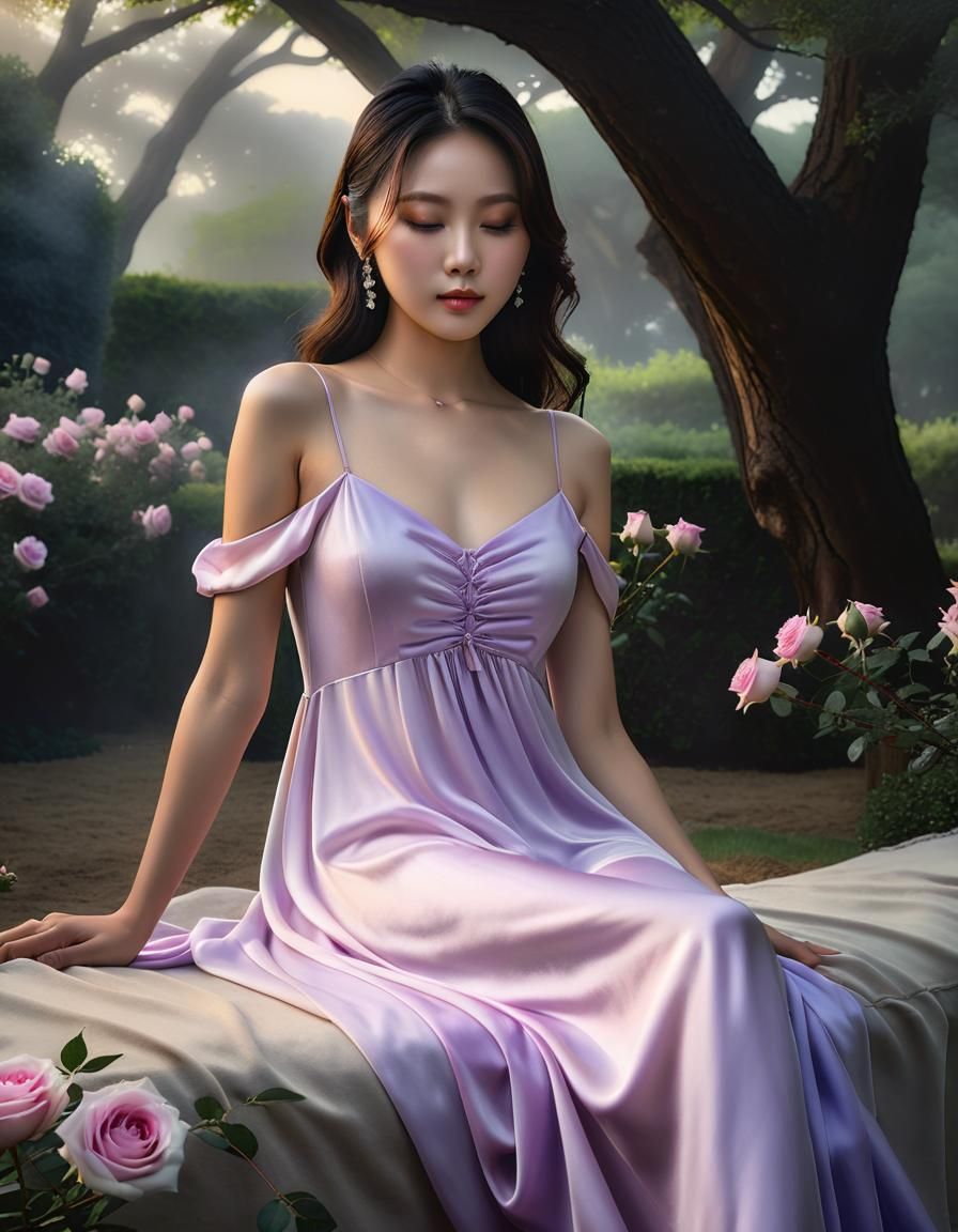 Renaissance Woman in Garden at Dawn: Chiaroscuro Oil Portrai...