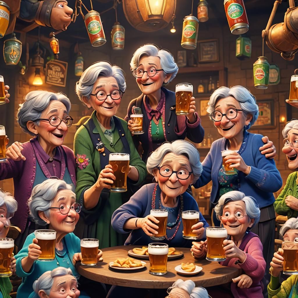 Three Grannies Drinking Beer: Pixar-Style 3D Art
