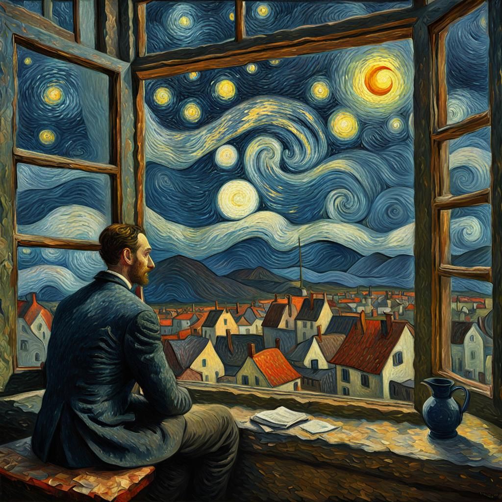 Starry Night: Man at Window in Neo-Impressionist Style