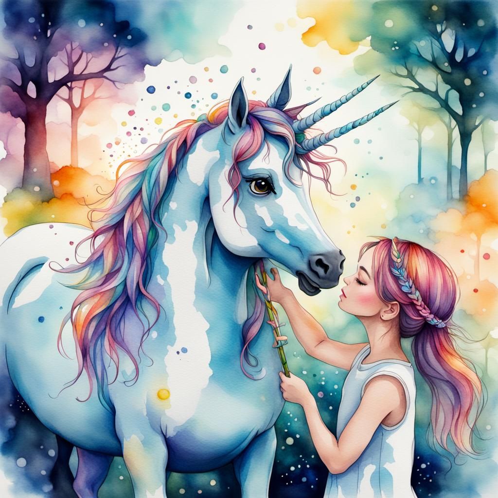 Unicorn and Girl in Summer Sunlight: Watercolor Ink Drawing