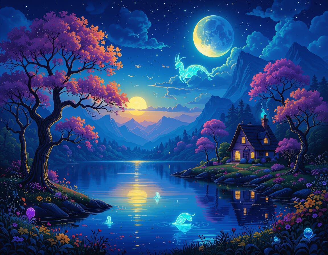 Mystical Landscape with Luminescent Creatures in Fantasy Art...