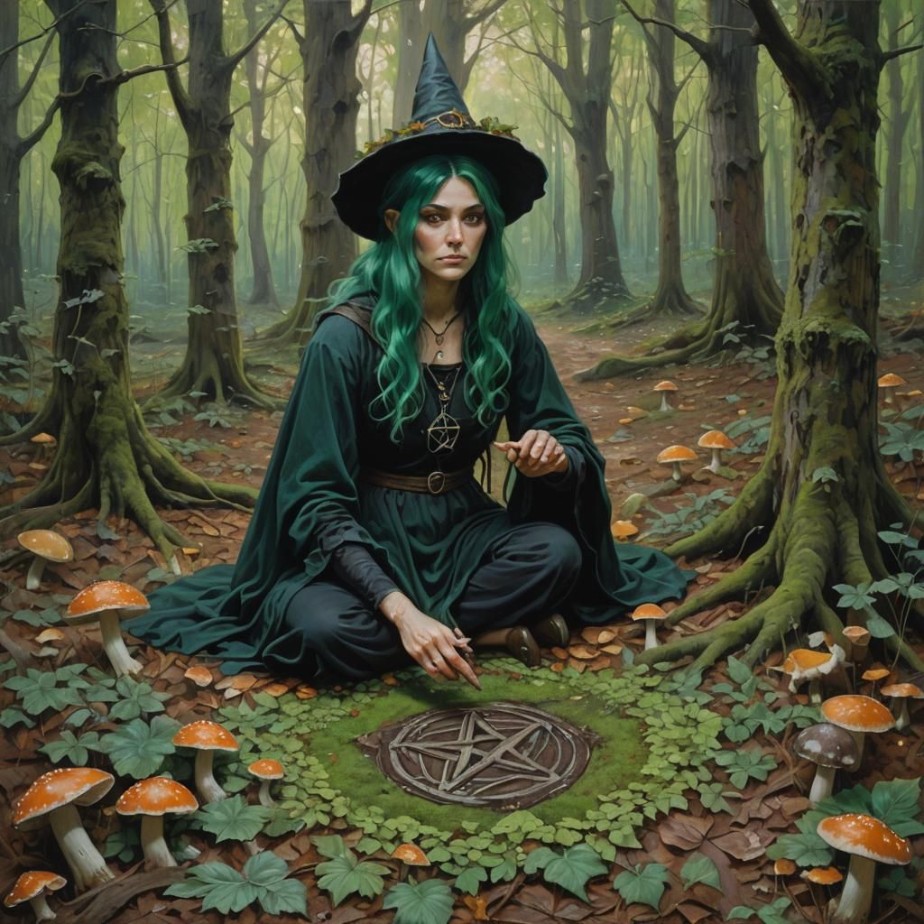 Green-Haired Witch in Forest Clearing Oil Painting