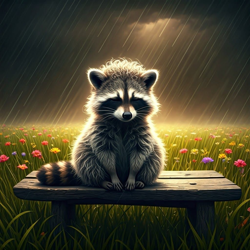 Serene Raccoon in Whimsical Rainy Landscape