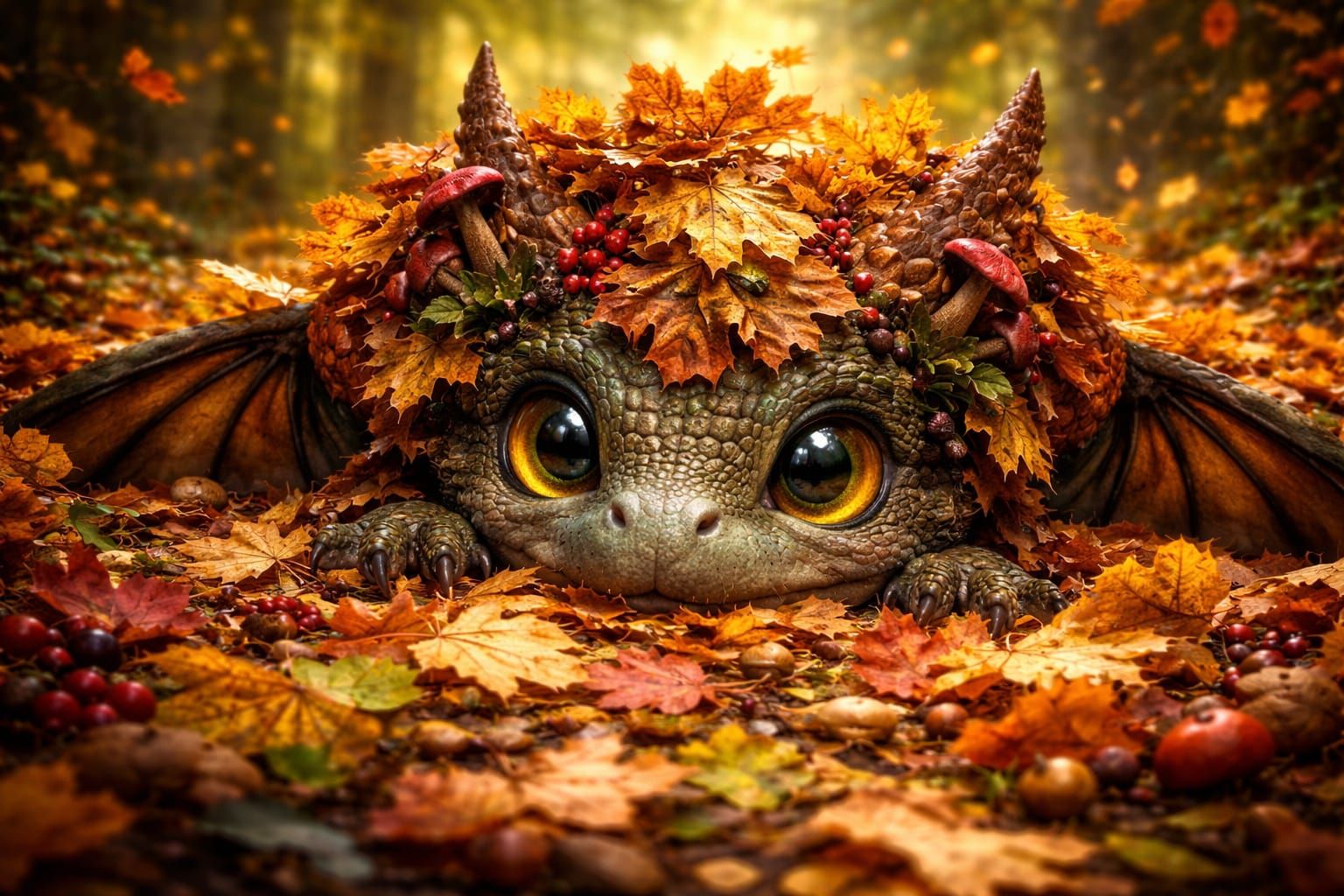 Cute Forest Dragon Hiding in Autumn Leaves