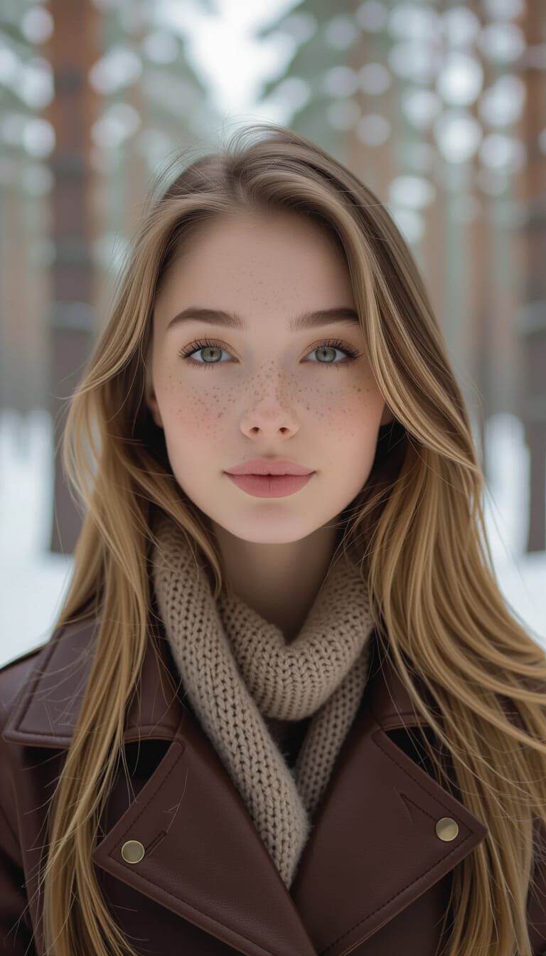 Young Woman in Snowy Russian Forest, Cinematic Style