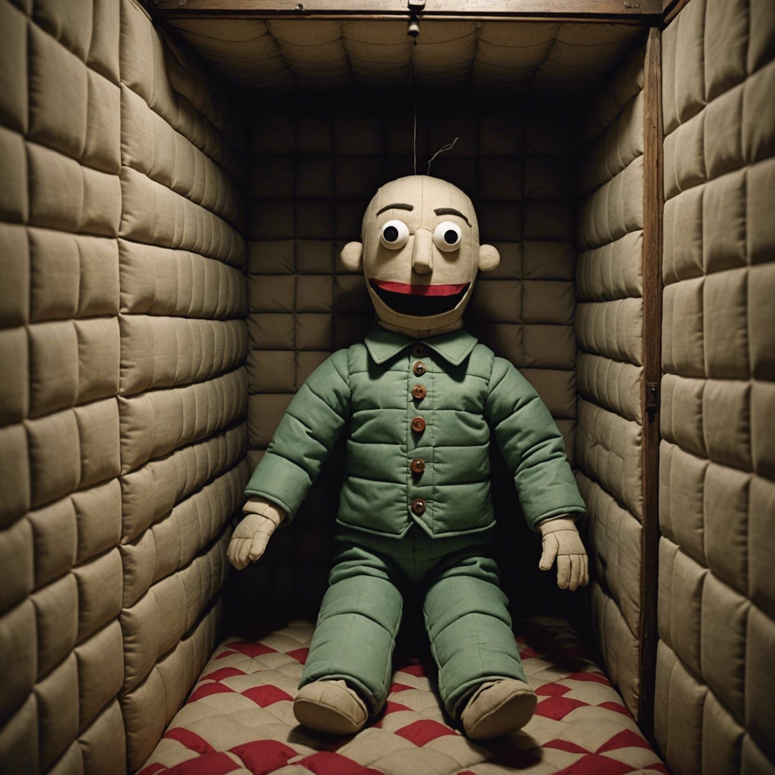 Quilted Puppet Man in Asylum Room