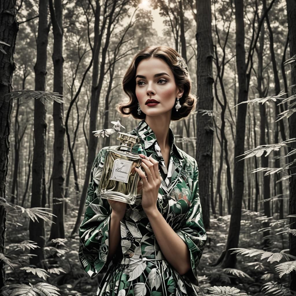 Pop Art Perfume Ad Featuring Woman in Forest