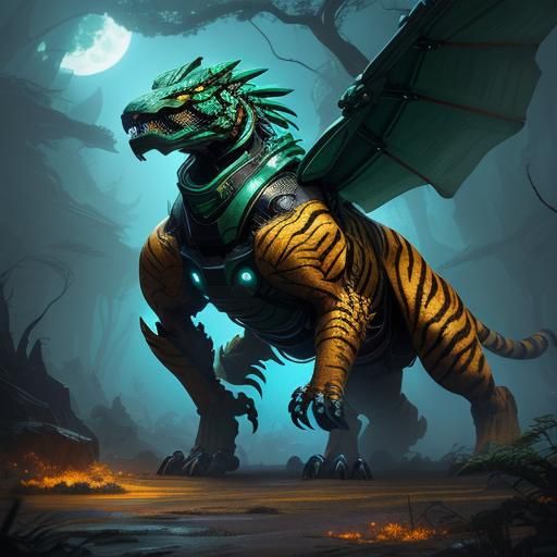 Mecha Tiger Versus Velociraptor in Ancient Forest