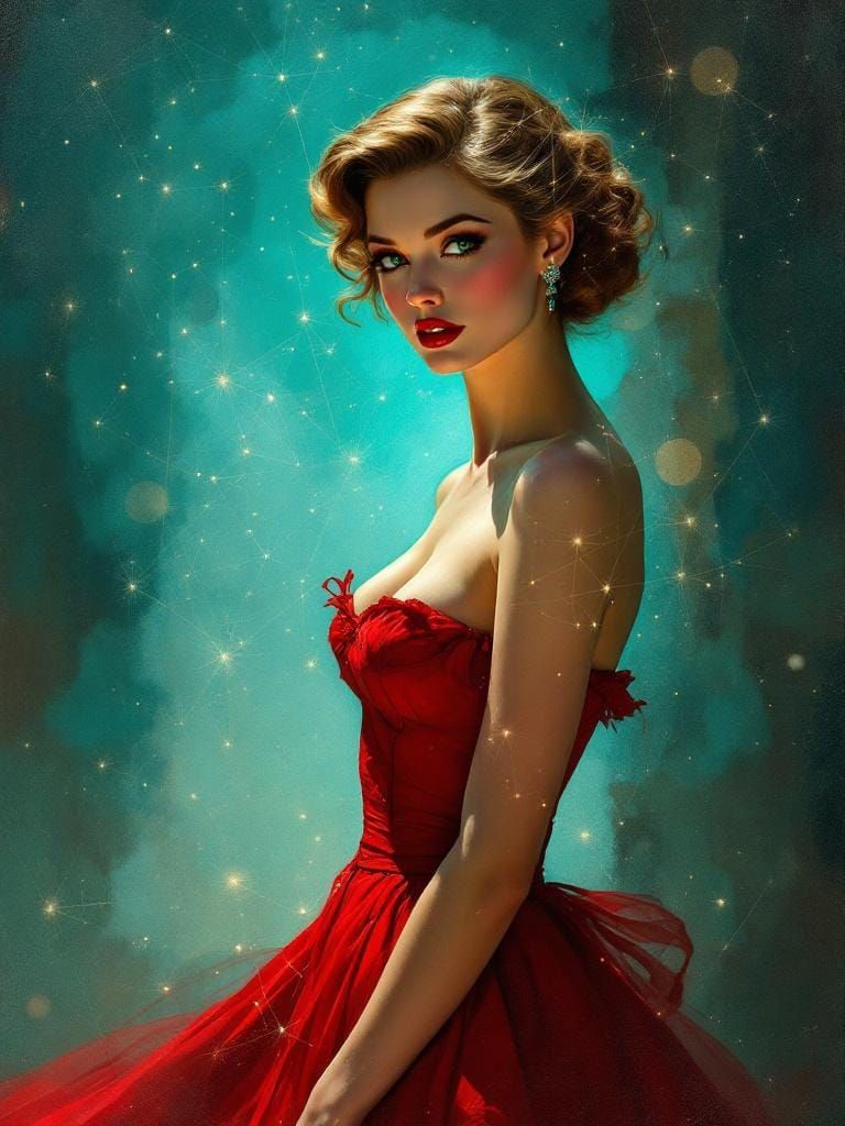 1950s Pin-Up with Neural Network Overlay in Impressionist St...