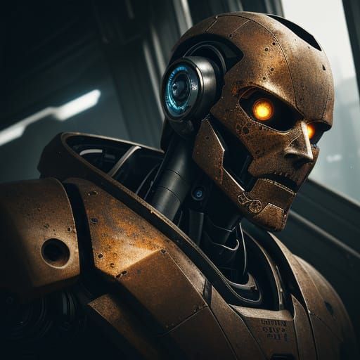 Futuristic Robot in Abandoned Metallic Environment