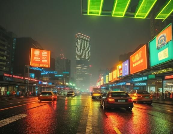 Jakarta's Vibrant Nocturnal Cityscape with Neon Reflections