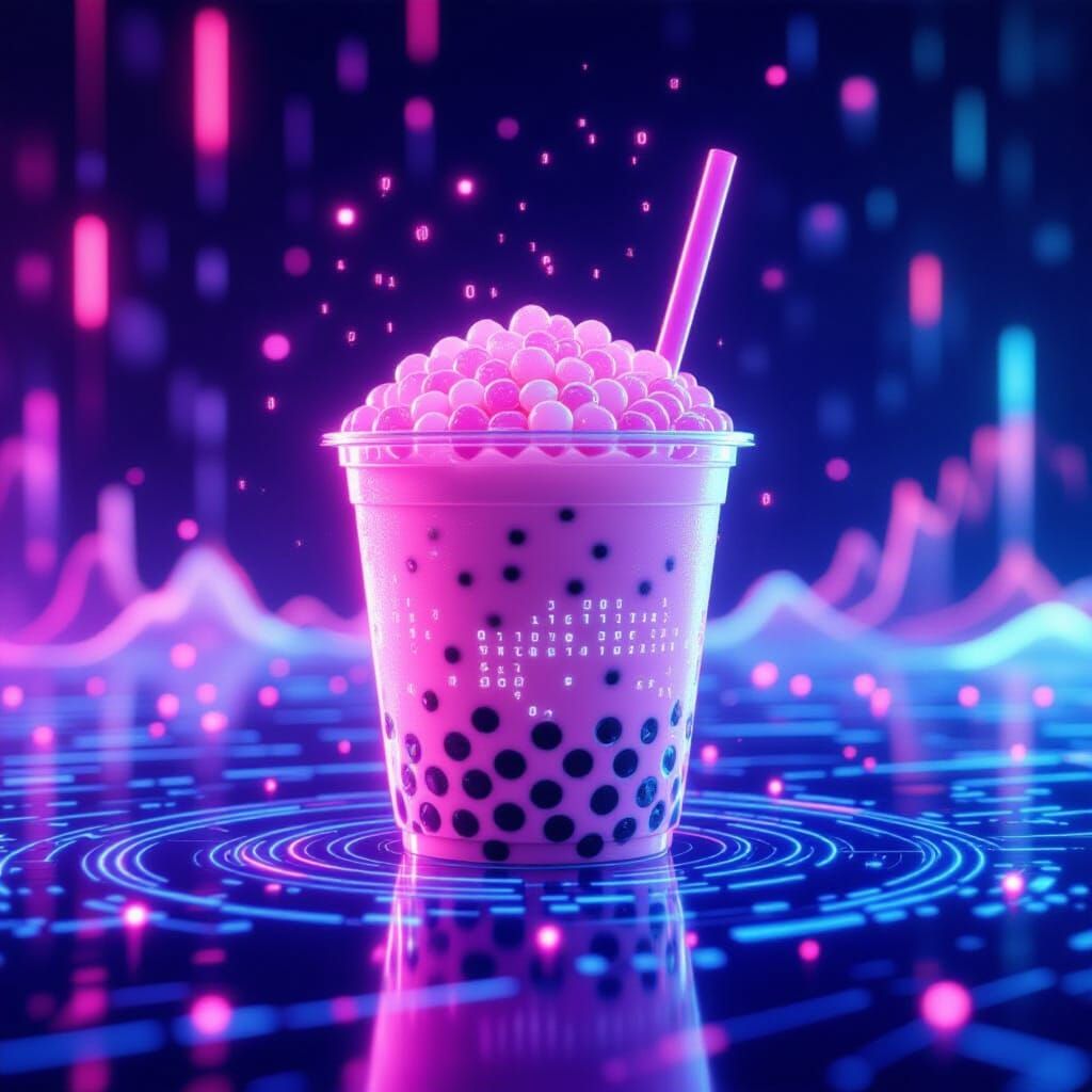 Pink Code Bubble Tea in Surreal Digital Void