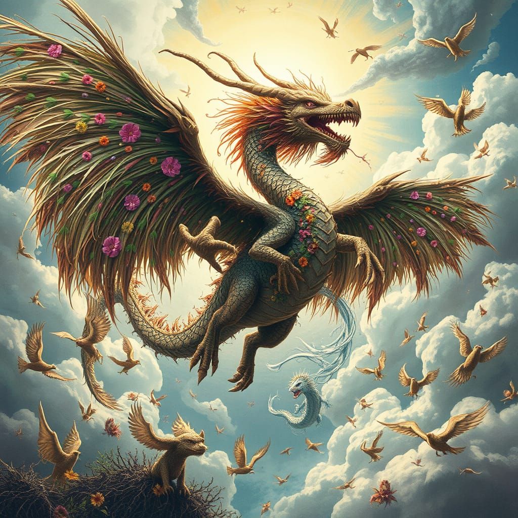 Mystical Bark Dragon Flight in Dreamlike Landscape