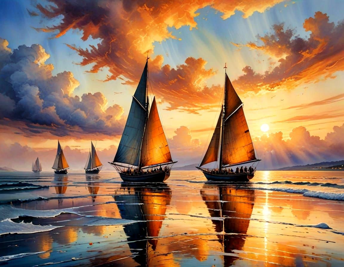 Whimsical Ocean Sails in Warm Golden Light