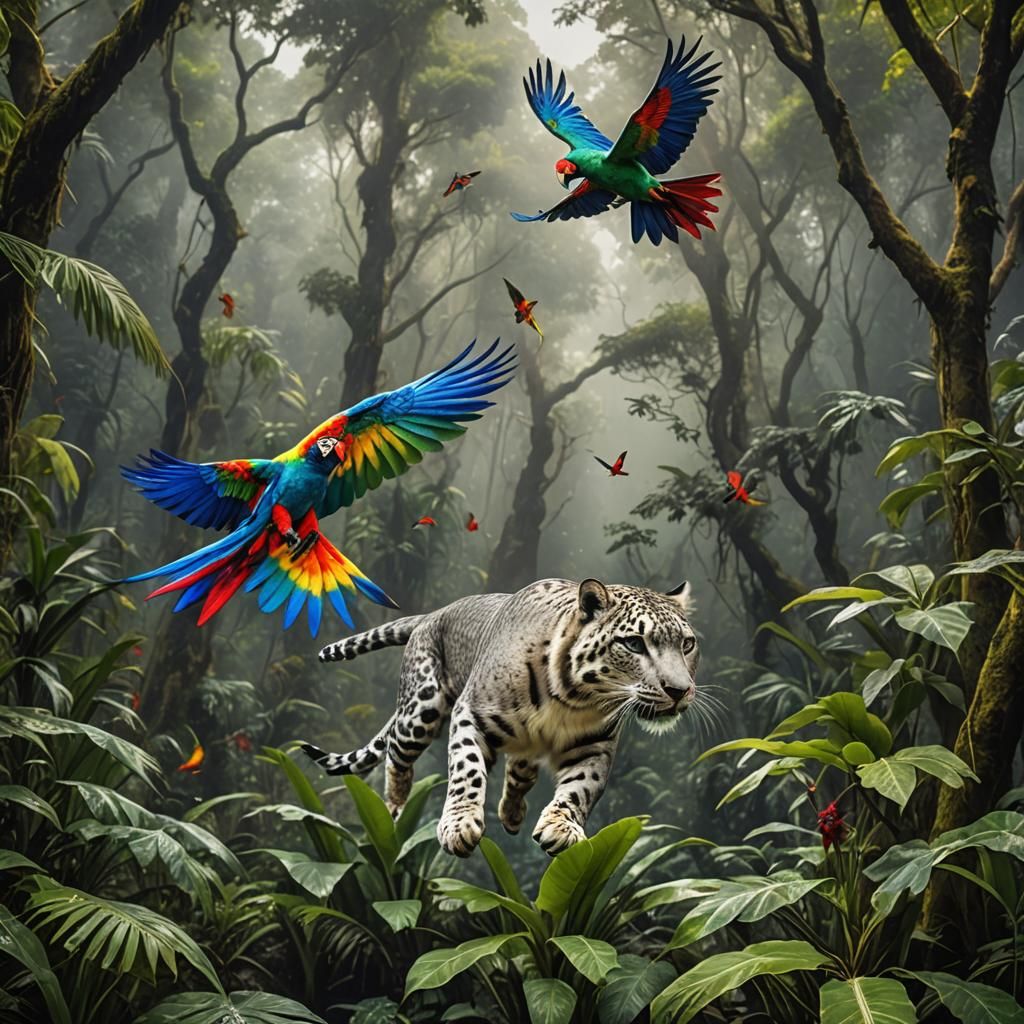 Rainbow Parrot and Snow Leopard in Jungle