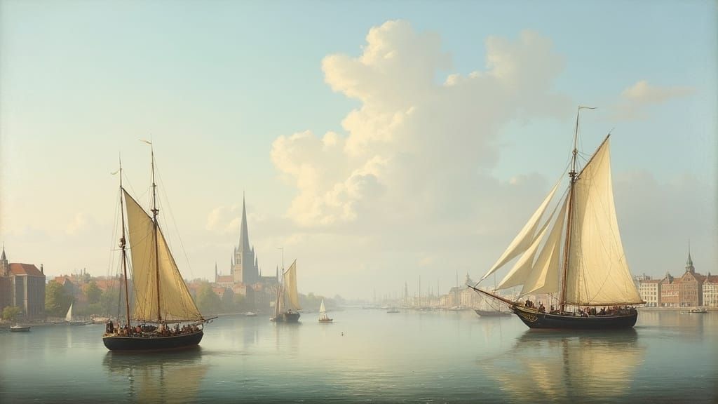 Tranquil Dutch Masters-Inspired Maritime Scene with Sailboat...