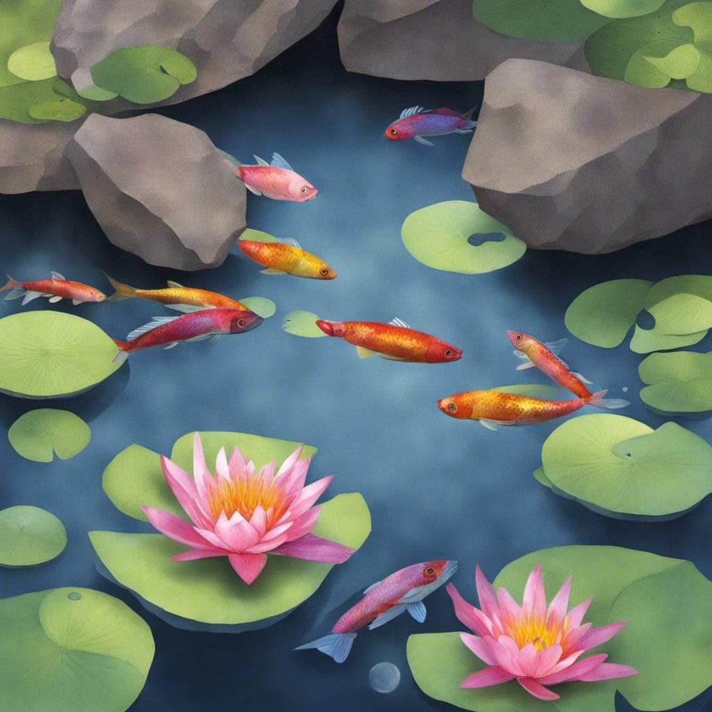 Koirala Fish in a Large Rock Pond with Blooming Lily Pads