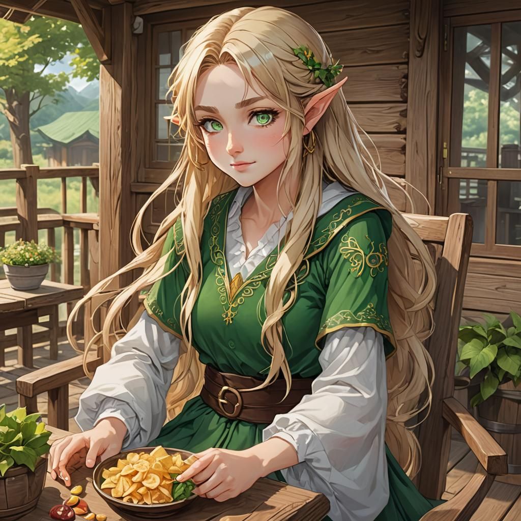 Elf Queen in Casual Attire: Anime Style