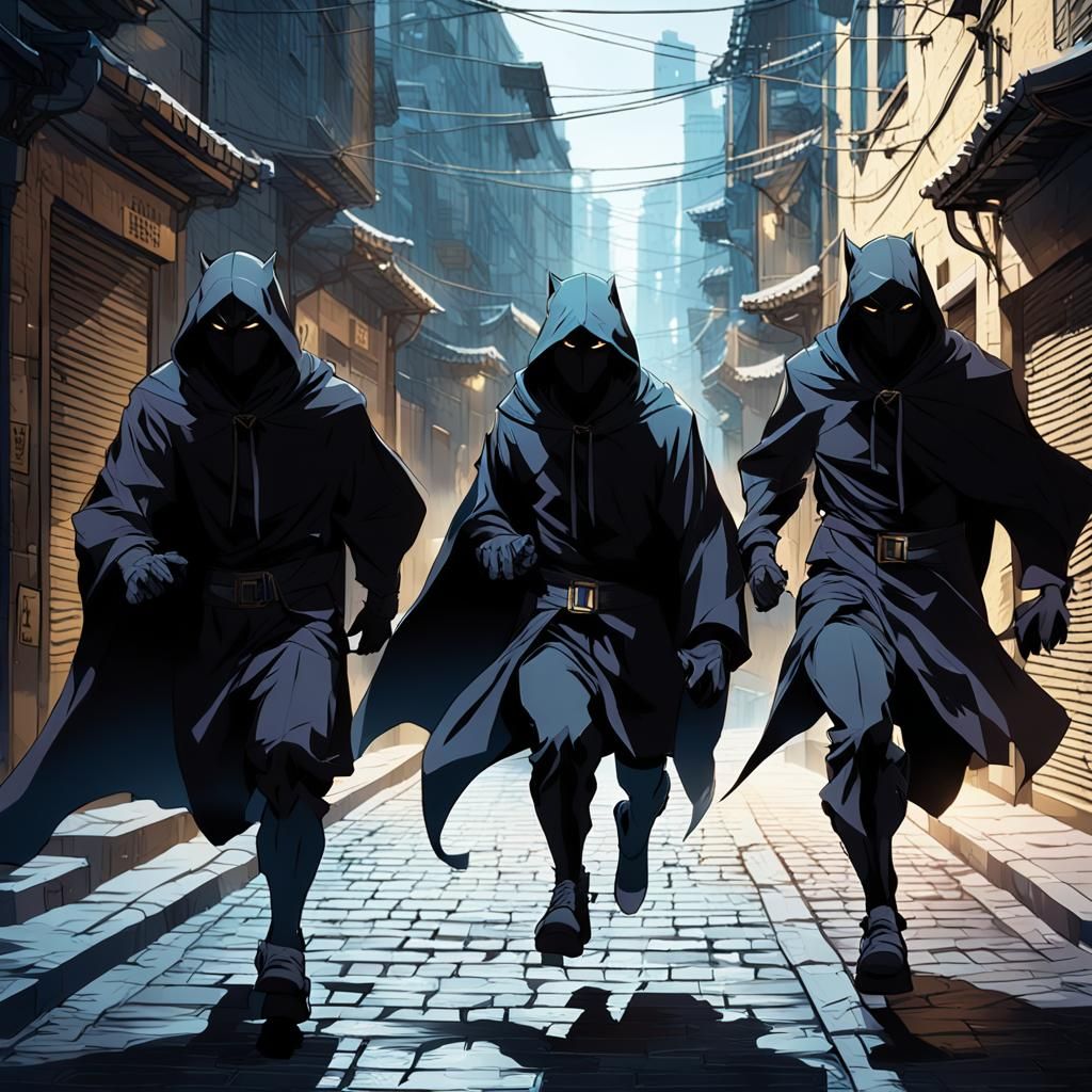 Cloaked Figures Transform into Panthers: 3D Anime Art