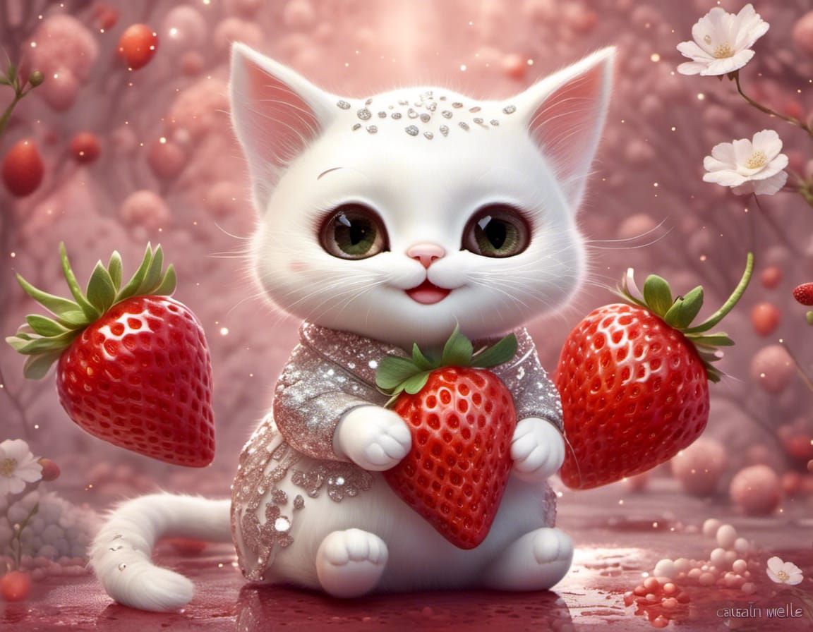 <lora:Glitter and Diamonds:1.0> <lora:NC Hyperreal:1.0> vibrant detailed adorable chibi happy cat on strawberry day Ruby...