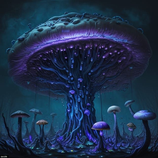 Surreal Brain with Mushrooms in Oil Painting Style