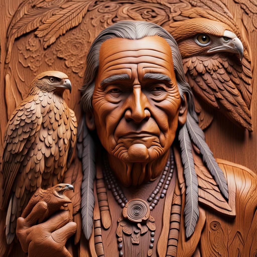 Native American Man and Hawk Wood Carving