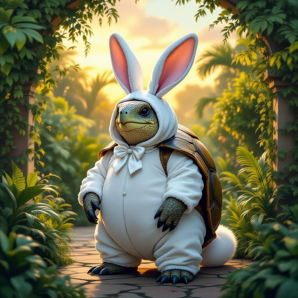 Galapagos Tortoise in Bunny Costume at Dusk