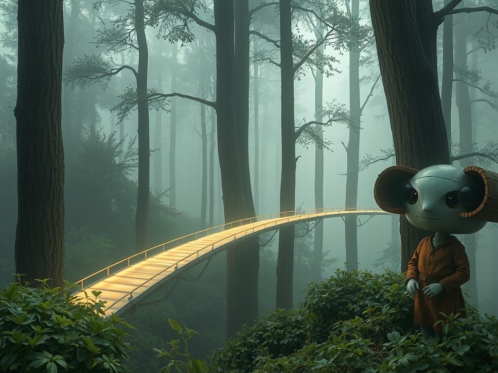 Bioluminescent Bridges in Misty Ghibli Forest
