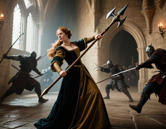 Noble Lady Defends Castle with Halberd Against Attackers