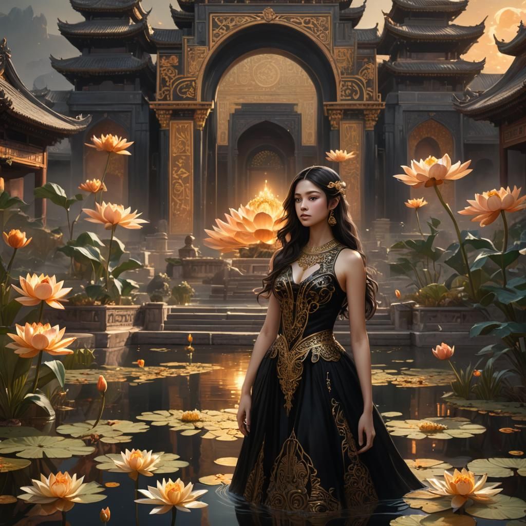 Dark Fantasy Woman in Lotus Pond, Art Nouveau Style