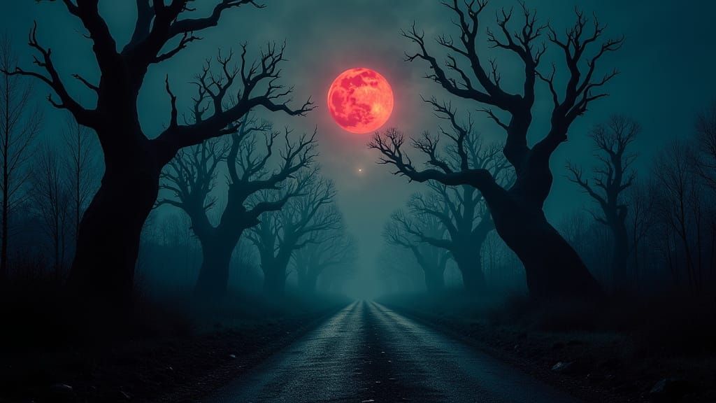 Dark, Twisted Trees Reach for Blood-Red Moonlit Sky