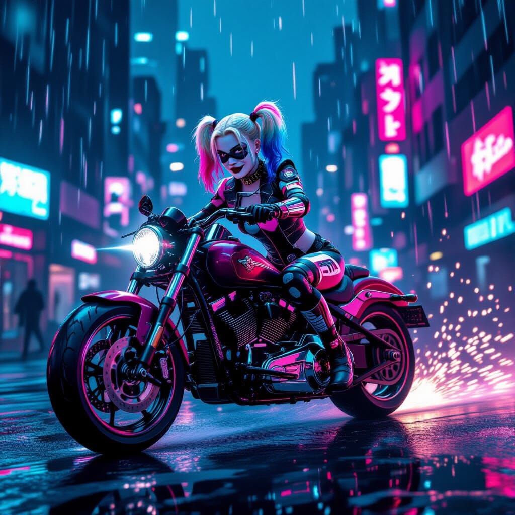 Cyberpunk Harley Quinn on Retro Motorcycle in Neon City