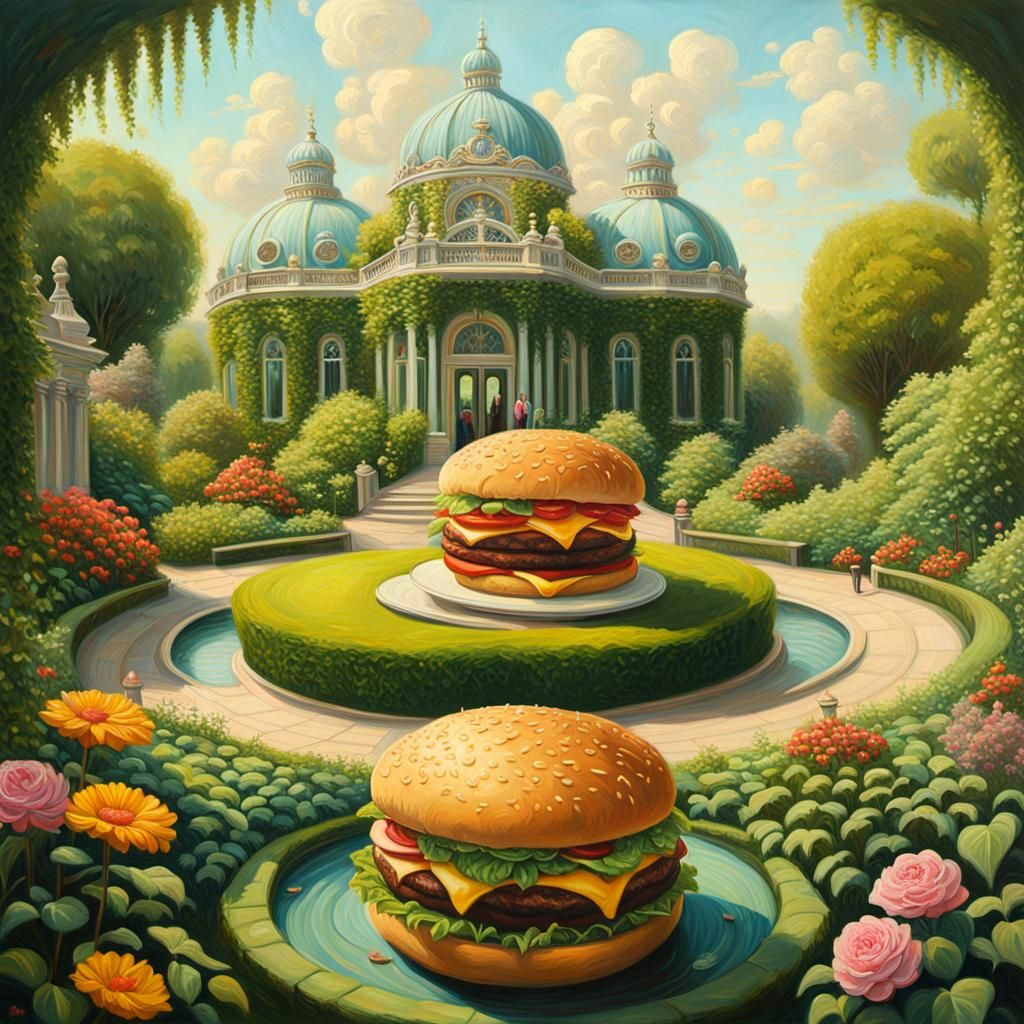 Hamburger in Art Nouveau Garden: Oil Painting