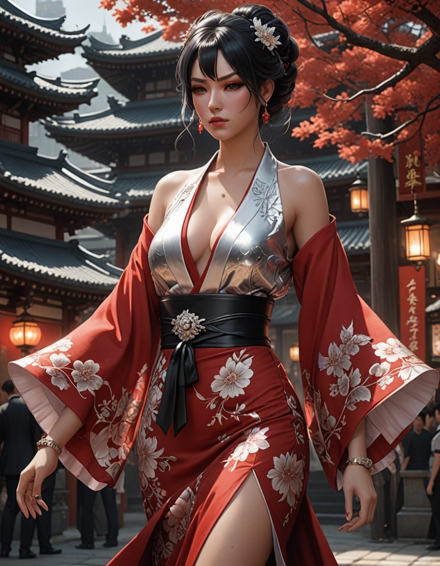 Elegant Red and Silver Kimono in 3D Anime Style