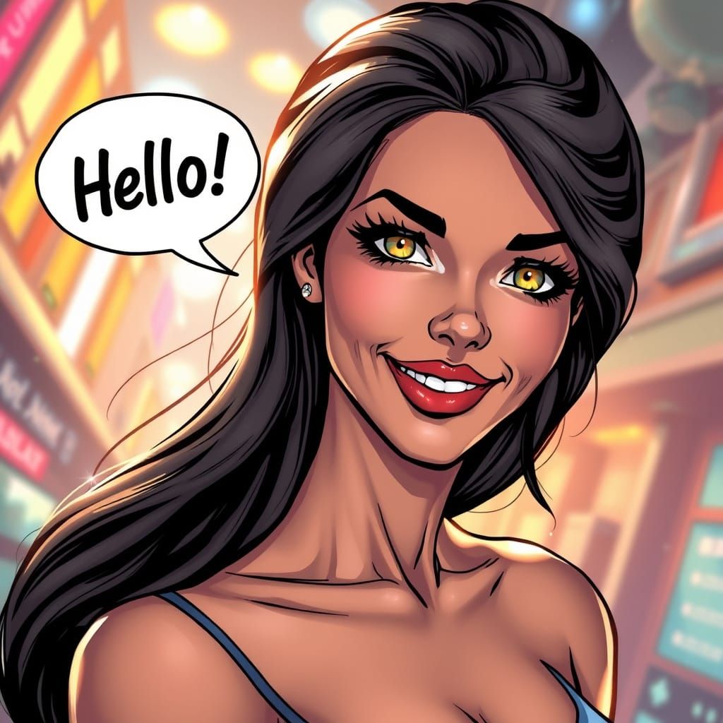 Stunning Woman Greets in Comic Book Style