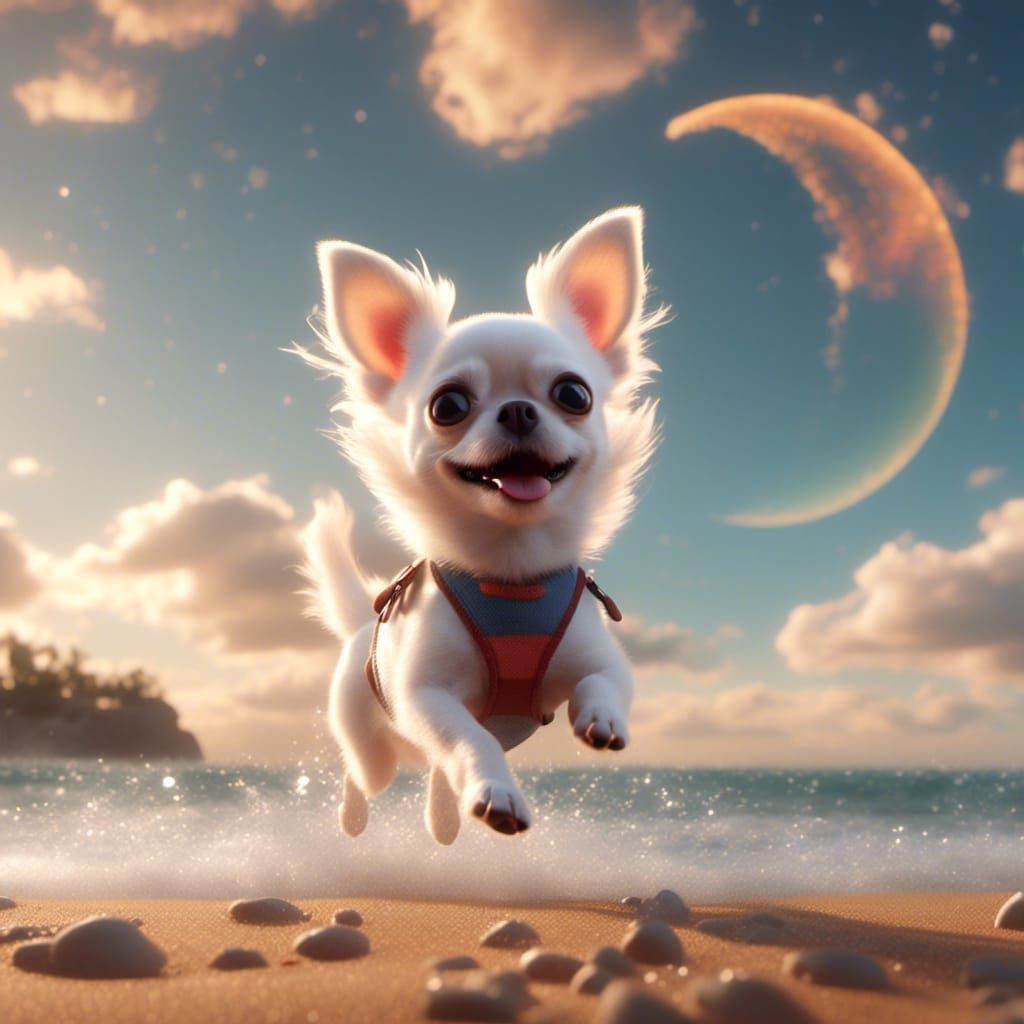 Chihuahua Runs on Beach: Pixar-Style 3D Art